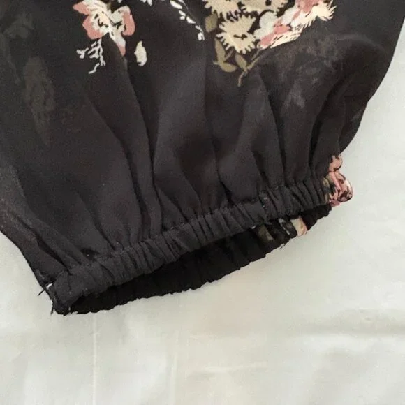 Lucky Brand Semi-Shear Blouse Black w/Pink Floral Size Medium EUC - Picture 9 of 10